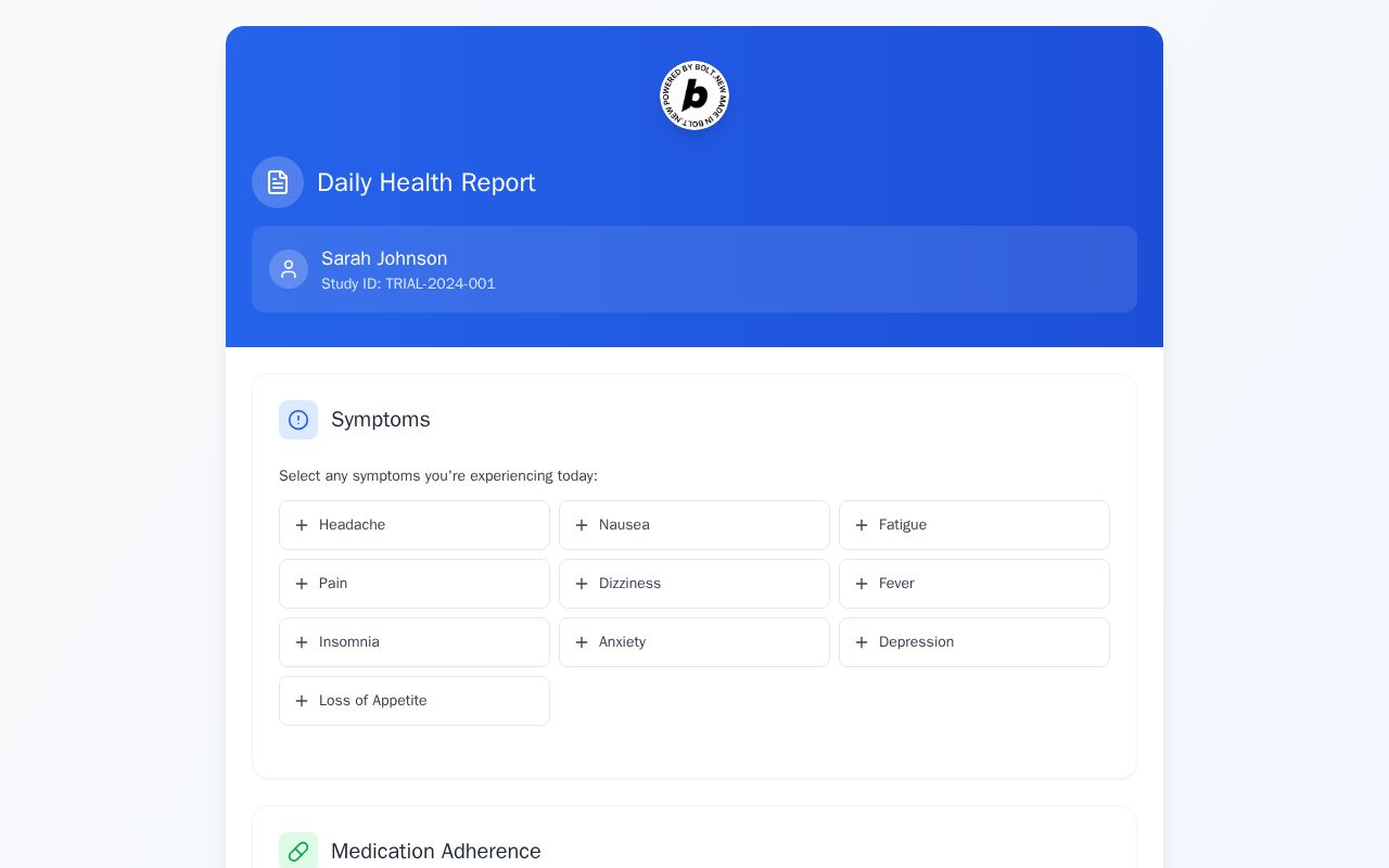 Preview of Self Reporting Clinical Trial Health Report