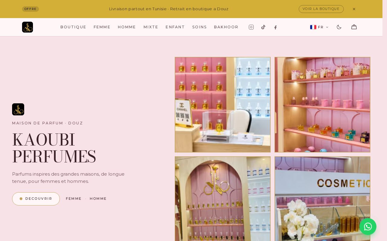 Preview of KAOUBI PERFUMES — boutique de parfums a Douz, Kébili (Next.js storefront and admin)