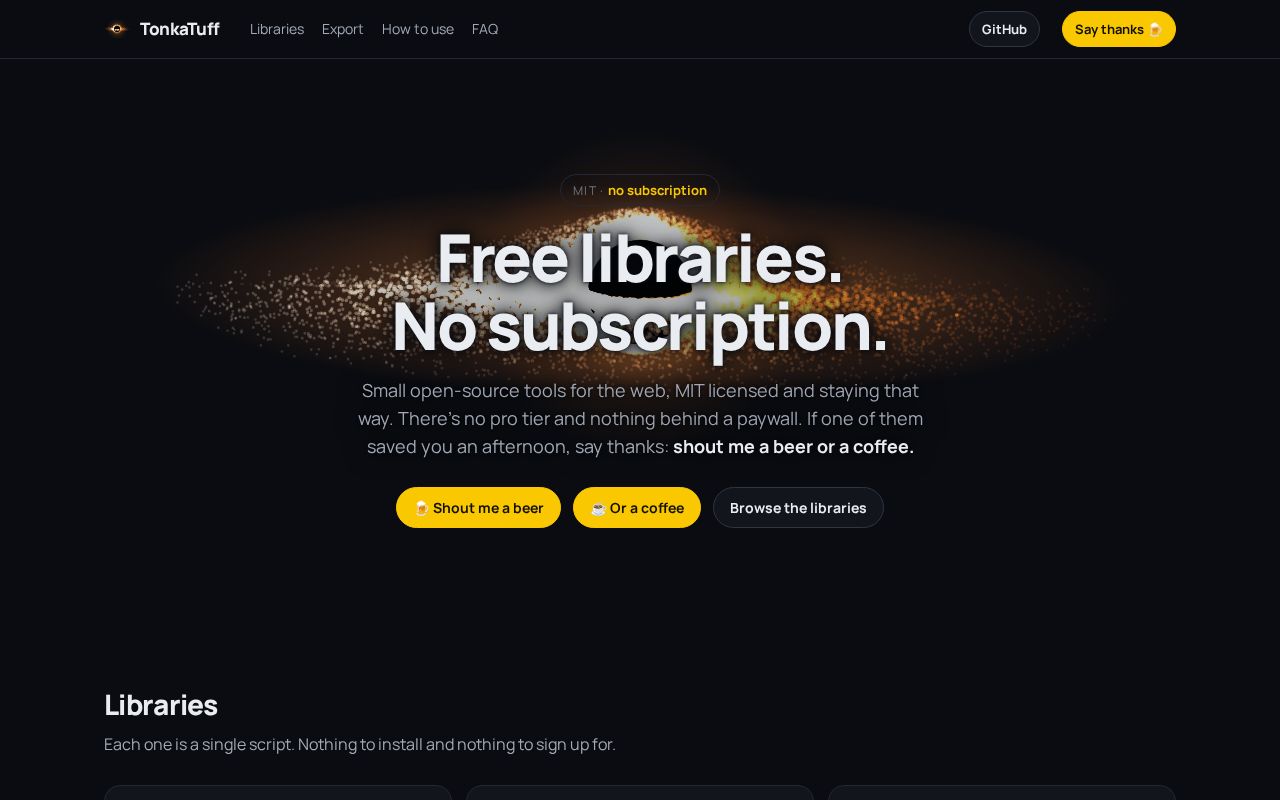 Preview of tonkatuff.com — free libraries, no subscription. Shout me a beer.