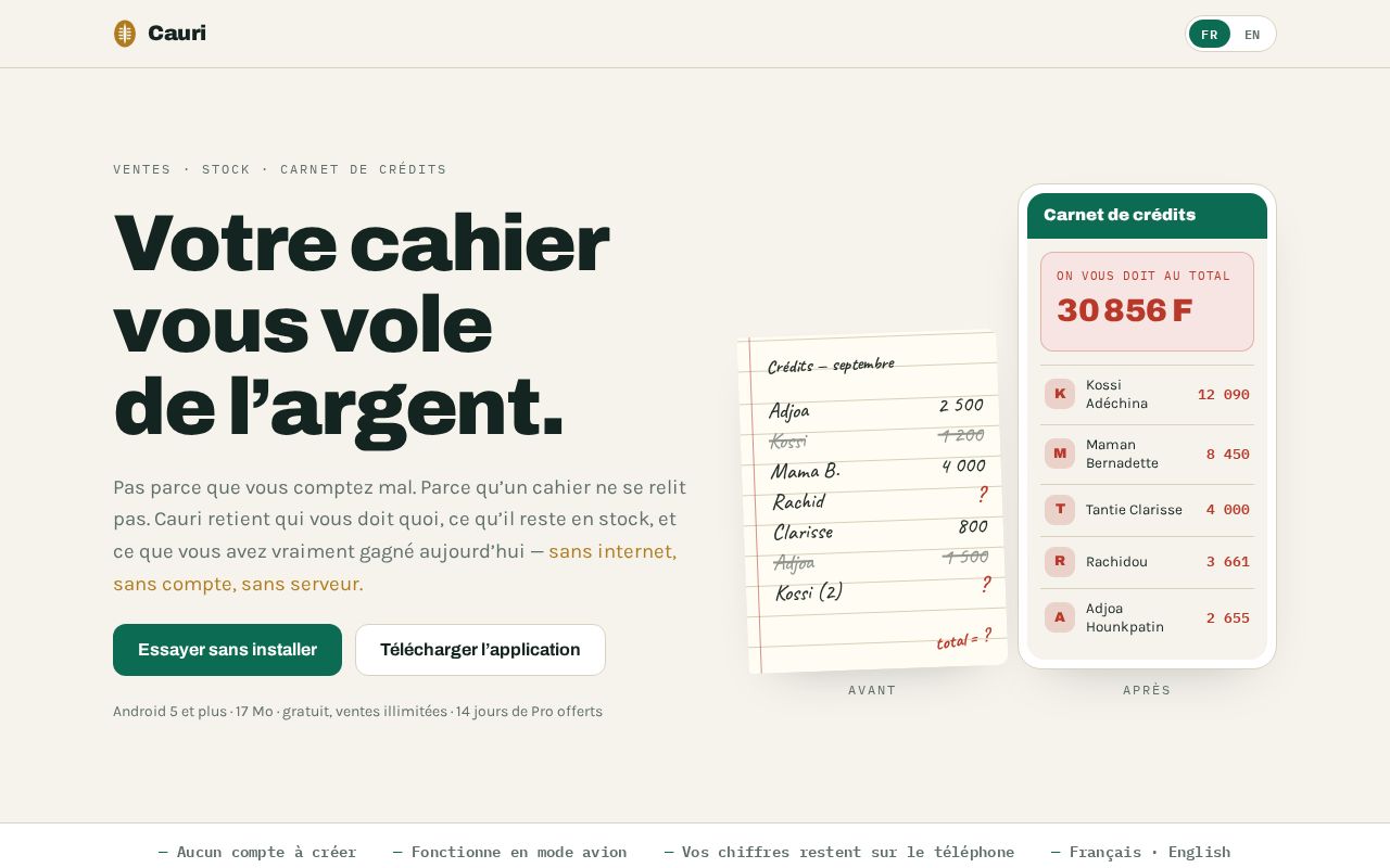Preview of Cauri — ventes, stock et carnet de crédits. Sans internet.