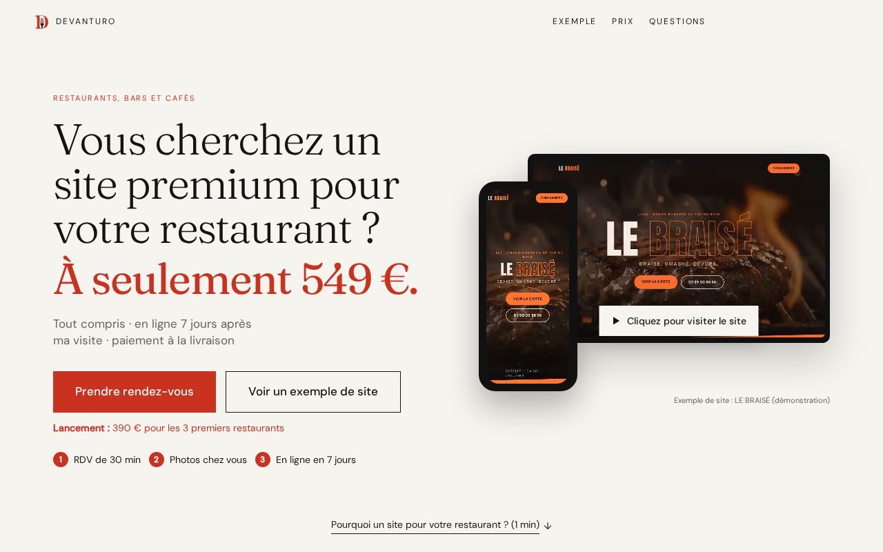 Preview of Devanturo — le site de votre restaurant, en ligne 7 jours après ma visite