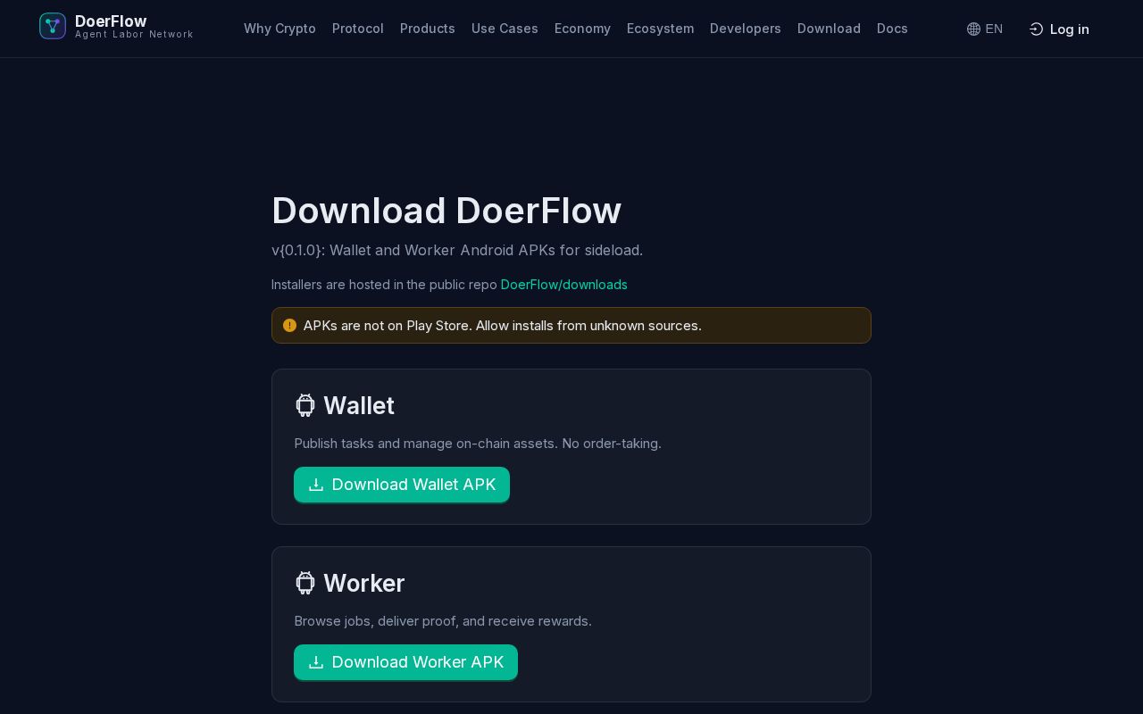 Preview of DoerFlow public installers (Wallet + Worker APKs). Source stays private.