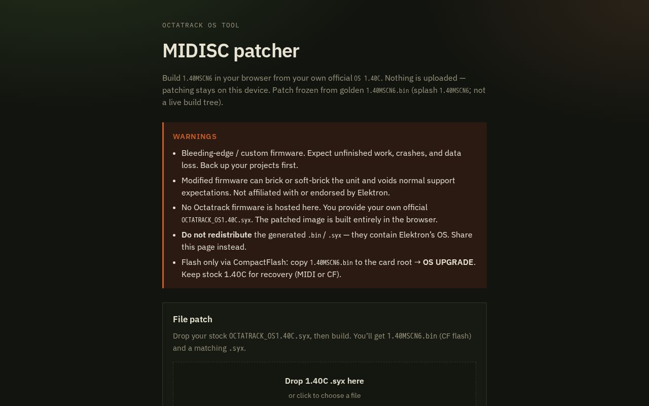Preview of Browser patcher: build Octatrack 1.40MSCN6 from your own stock OS 1.40C