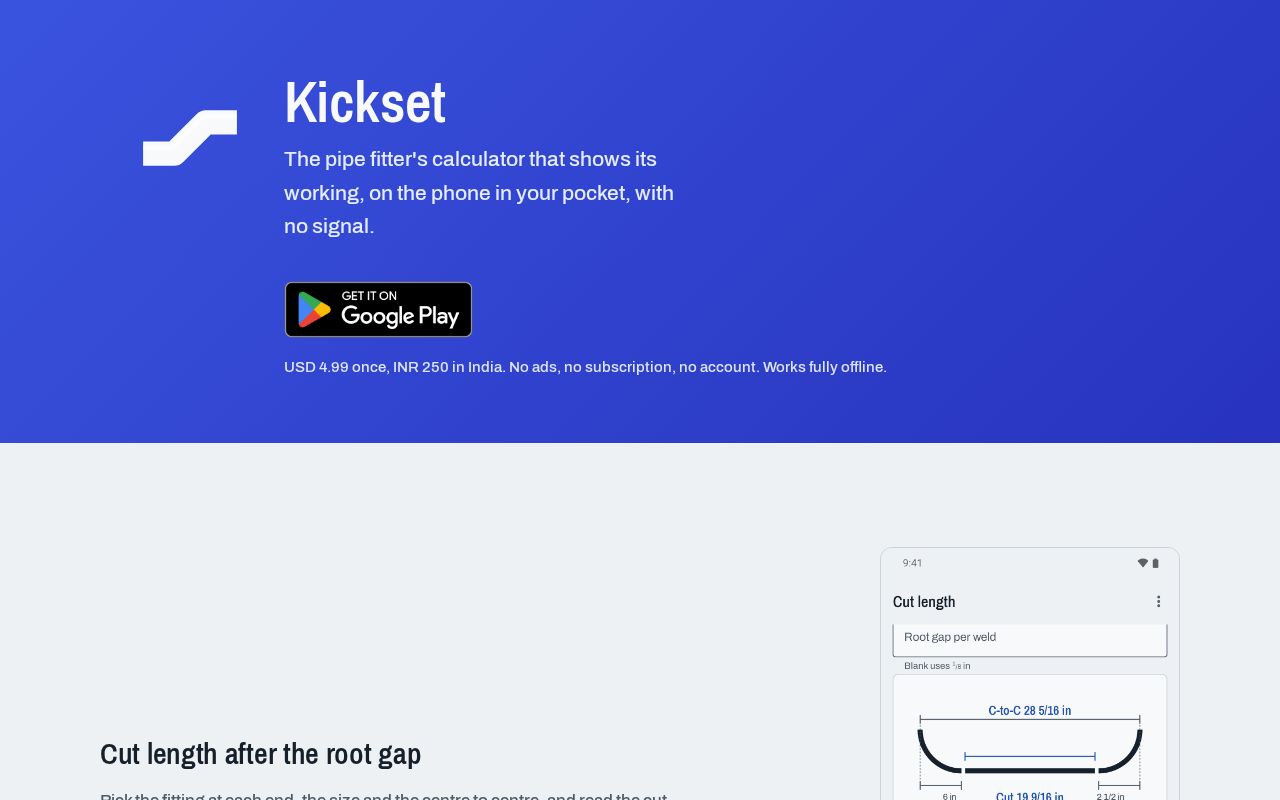 Preview of Kickset, the fitter's calculator that shows its working