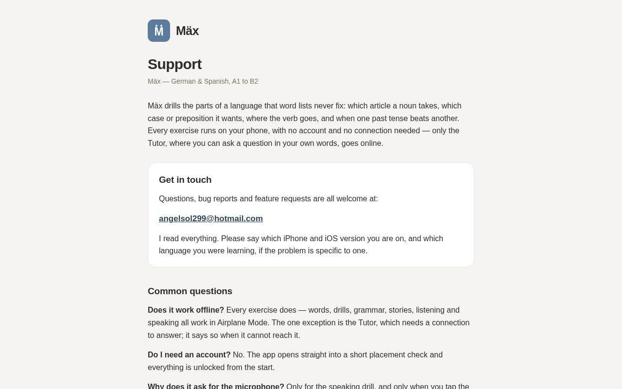 Preview of Support and privacy policy pages for the Mäx iPhone app