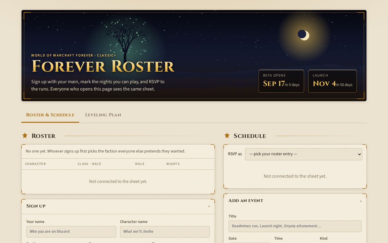 Preview of WoW Forever guild sign-up sheet, schedule, and leveling plan