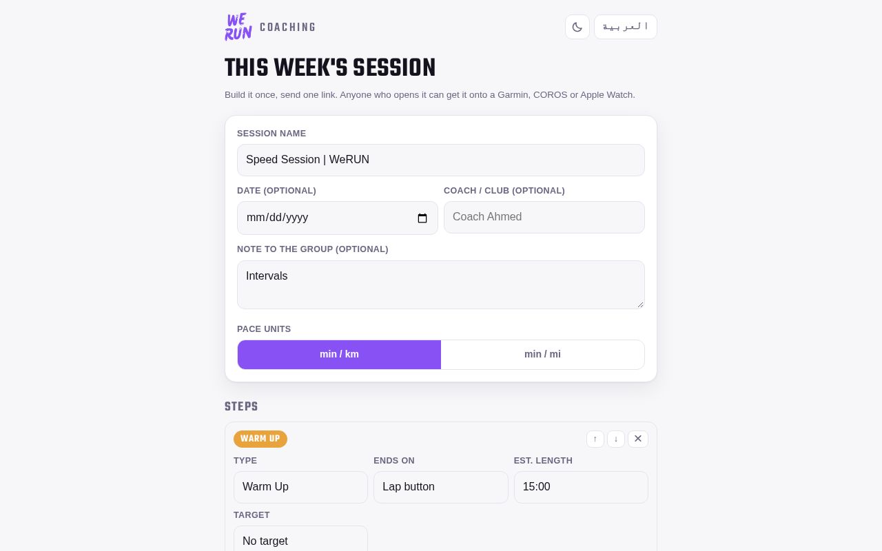Preview of WE RUN Coaching — one link per week's speed session, straight to Garmin or Apple Watch