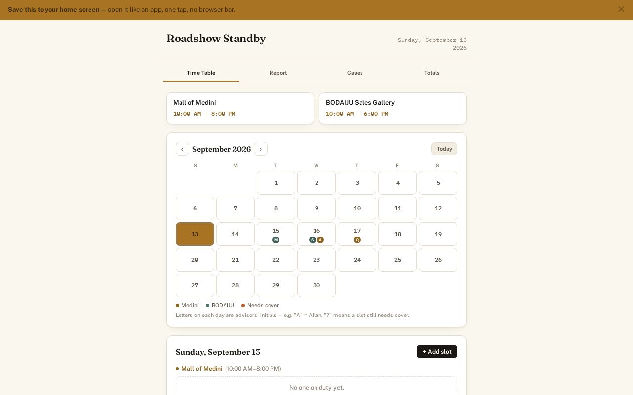 Preview of Shared time table, lead/CCRIS reporting, and case tracker for the roadshow team