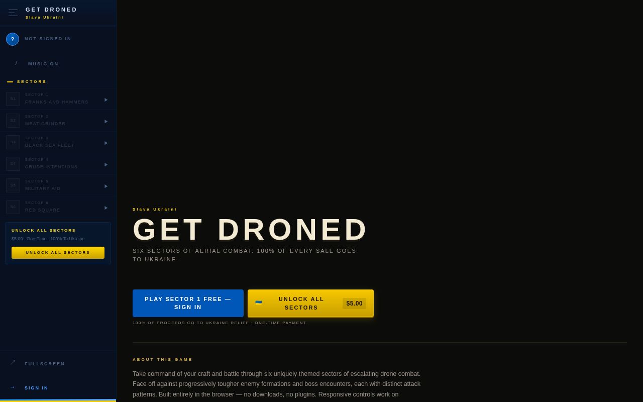 Preview of GetDroned.io — browser shooter with 6 levels of drone warfare. 50% of sales to Ukraine.