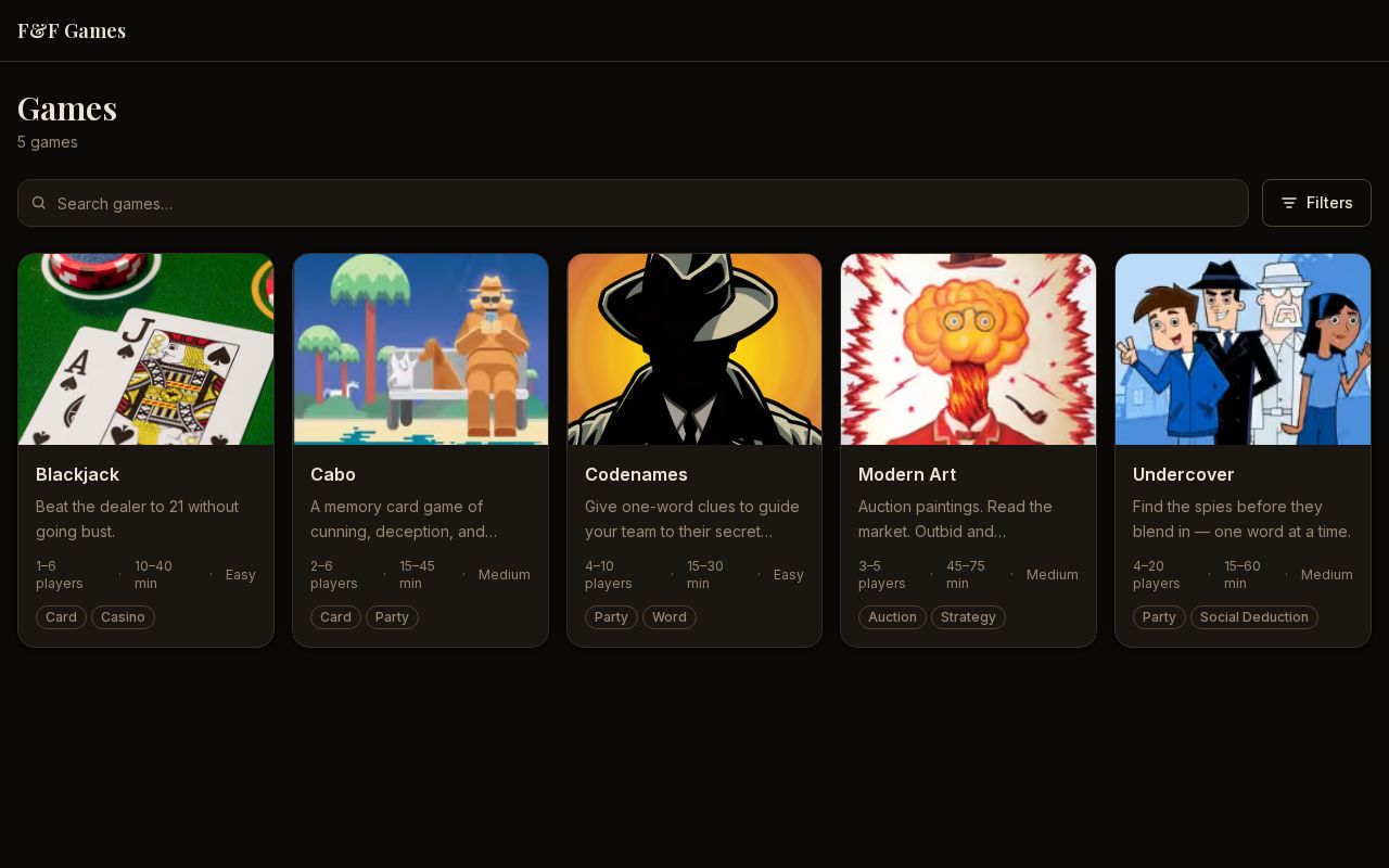 Preview of Friends & Family board games web app