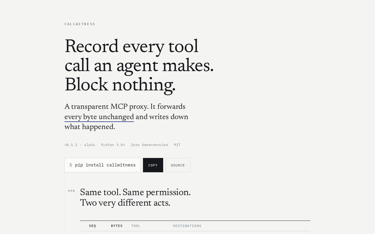 Preview of Record every tool call an AI agent makes. Block nothing. A transparent MCP proxy.