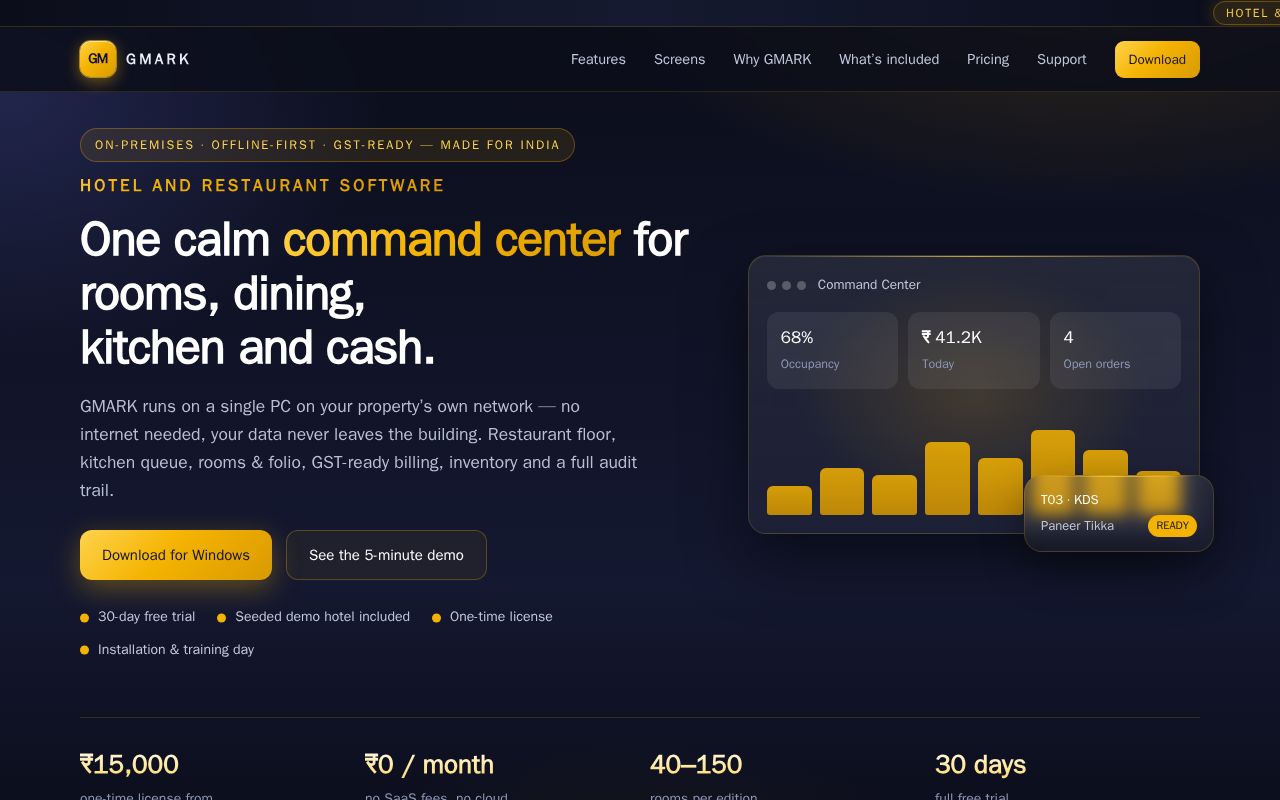 Preview of GMARK - on-premises hospitality OS landing page (GitHub Pages)