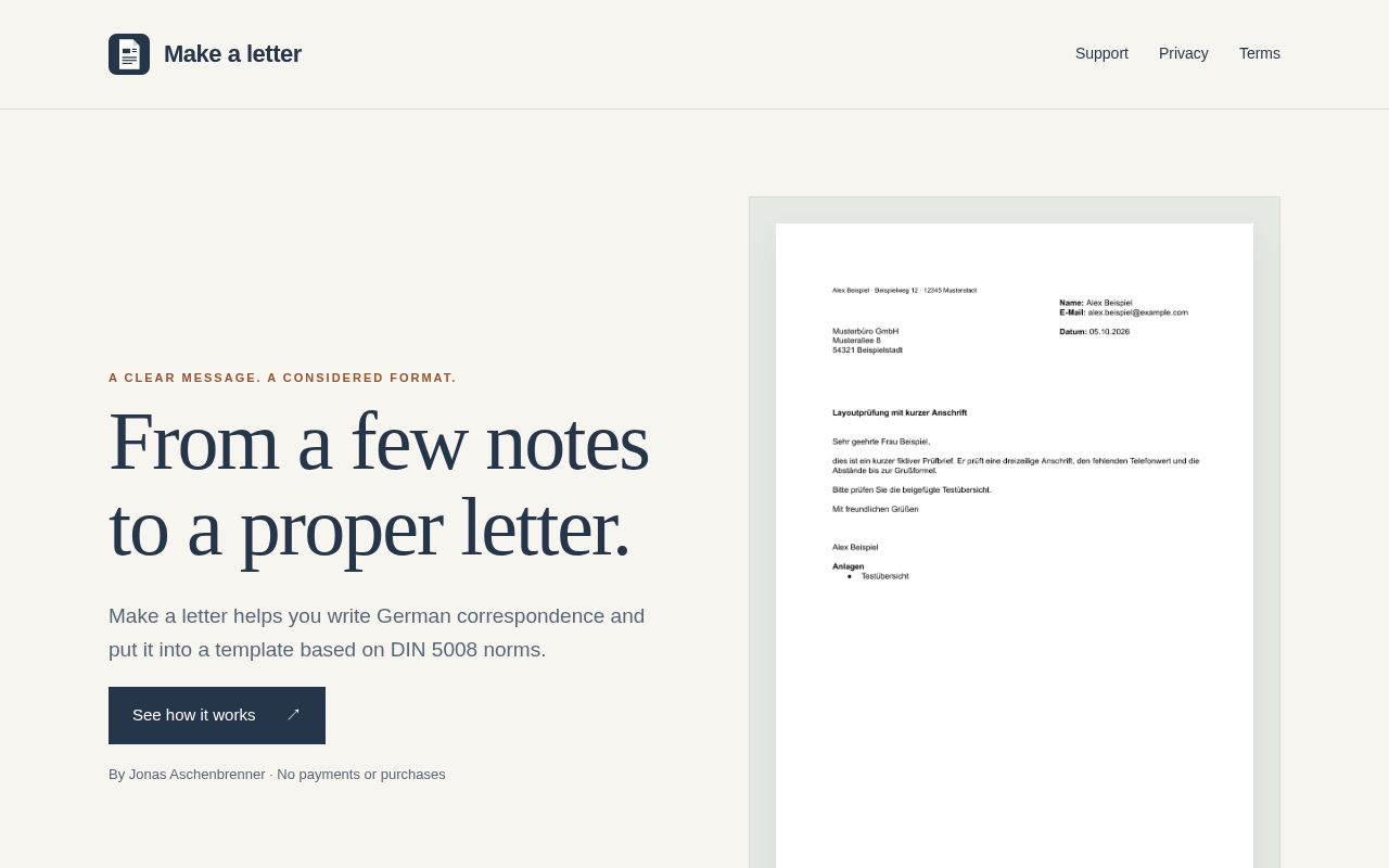 Preview of German letters, thoughtfully formatted