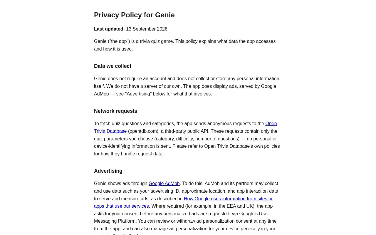 Preview of Public privacy policy page for the Genie trivia app