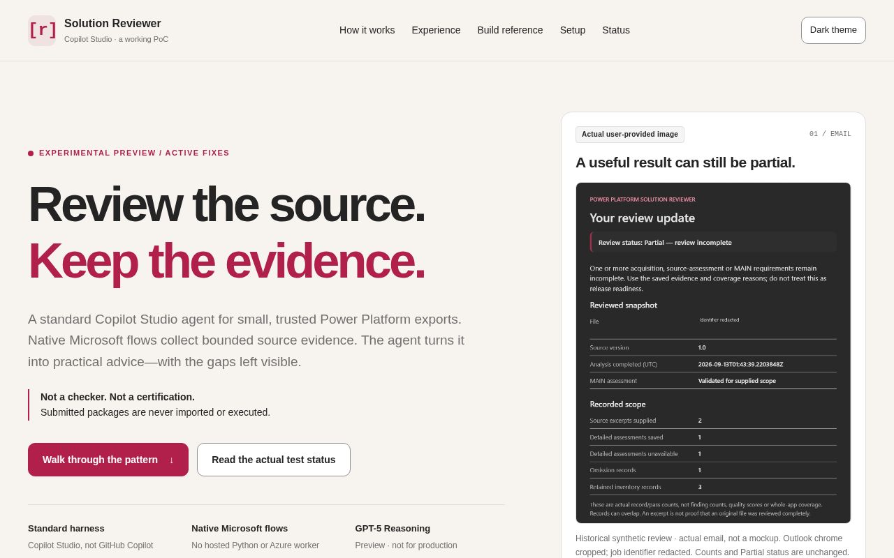 Preview of Copilot Studio Powerplatform Solution Reviewer Site
