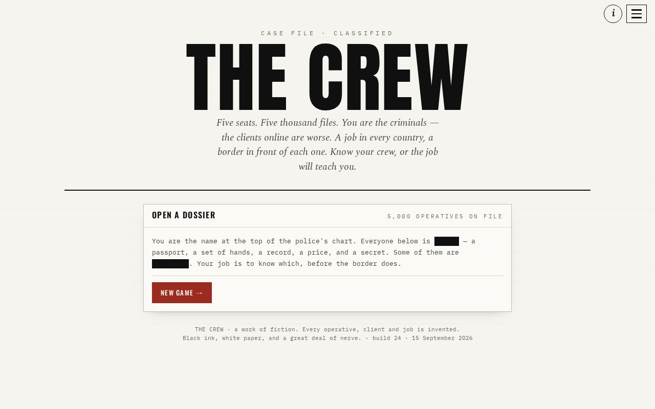 Preview of The Crew — a black-ink-on-paper game of global crime interception