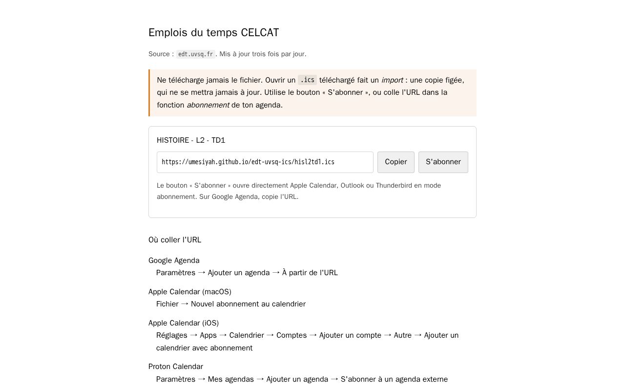 Preview of Abonnement iCalendar pour l'emploi du temps CELCAT de l'UVSQ