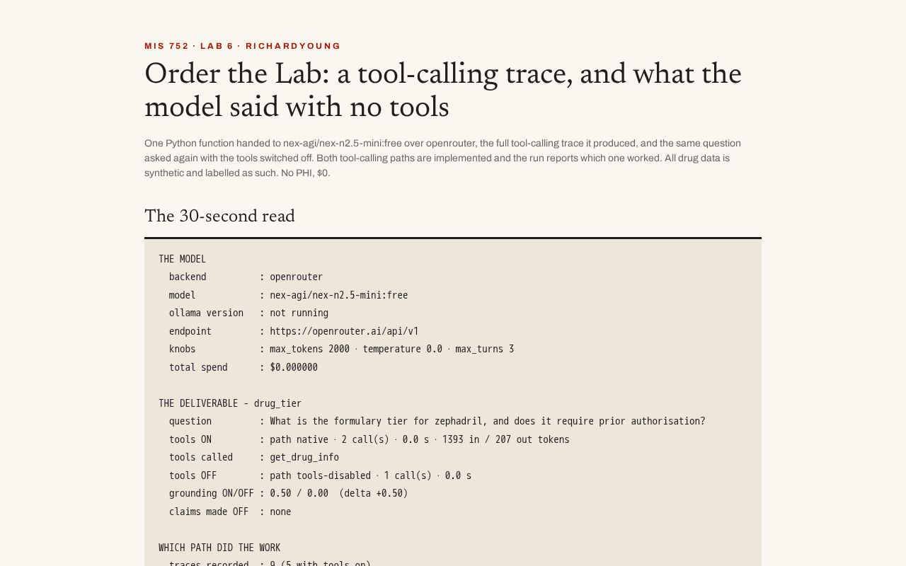 Preview of Order the Lab: a tool-calling trace, and what the model said with no tools