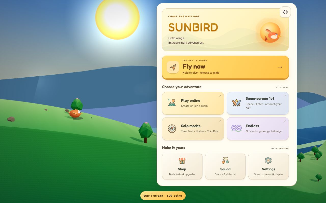 Preview of Sunbird - React + Vite + Tailwind + Three.js game