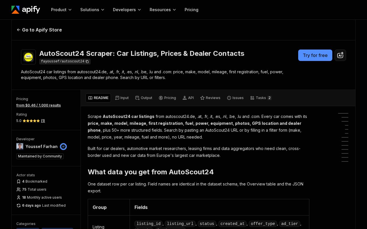 Preview of Autoscout24 Scraper