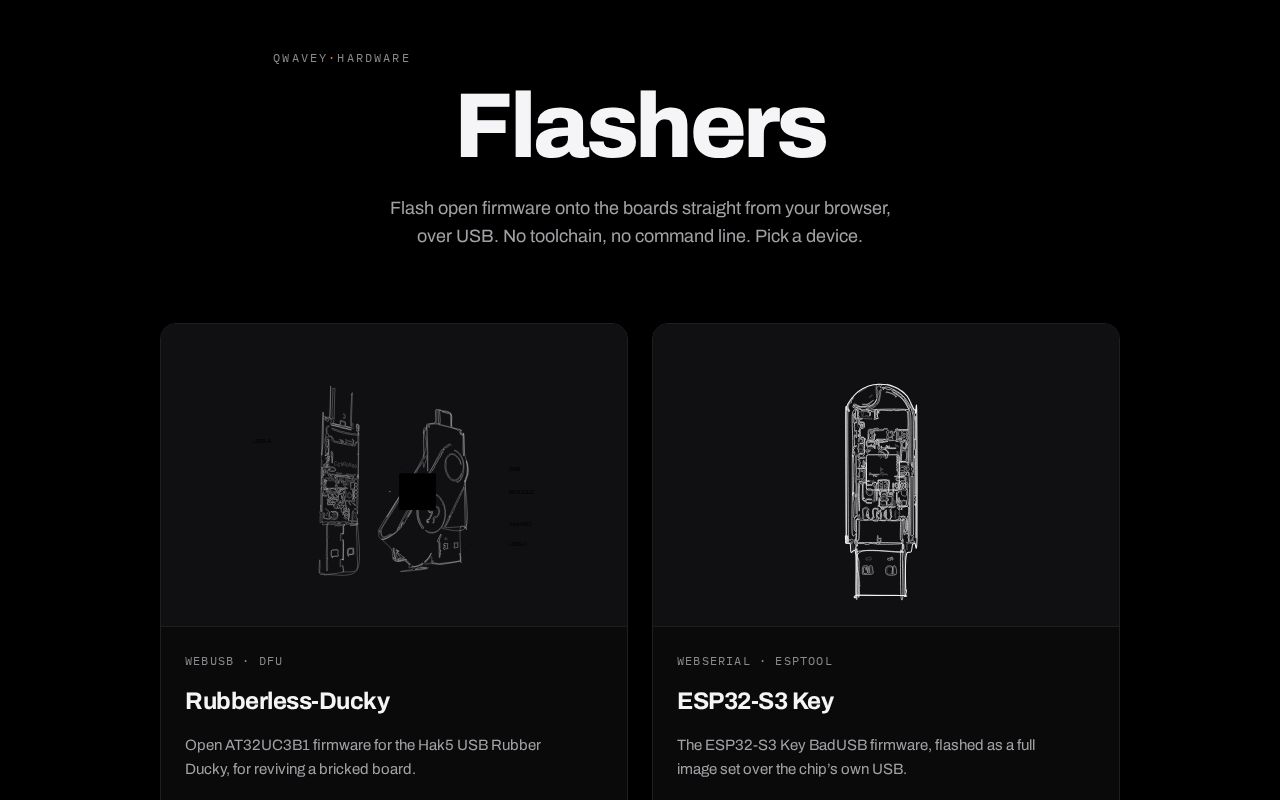 Preview of Browser flashers for QWavey hardware - Rubberless-Ducky and ESP32-S3 Key.