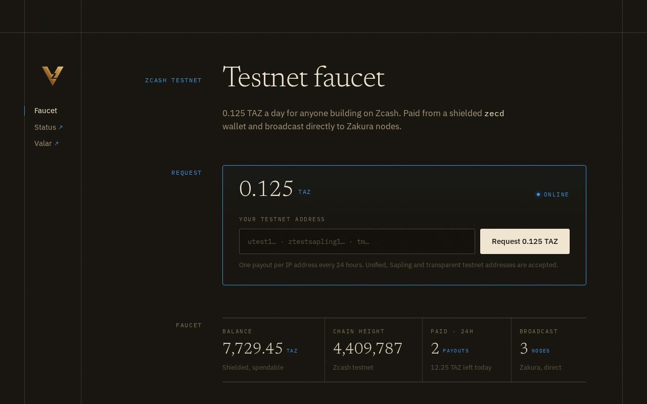 Preview of Valar Testnet Faucet