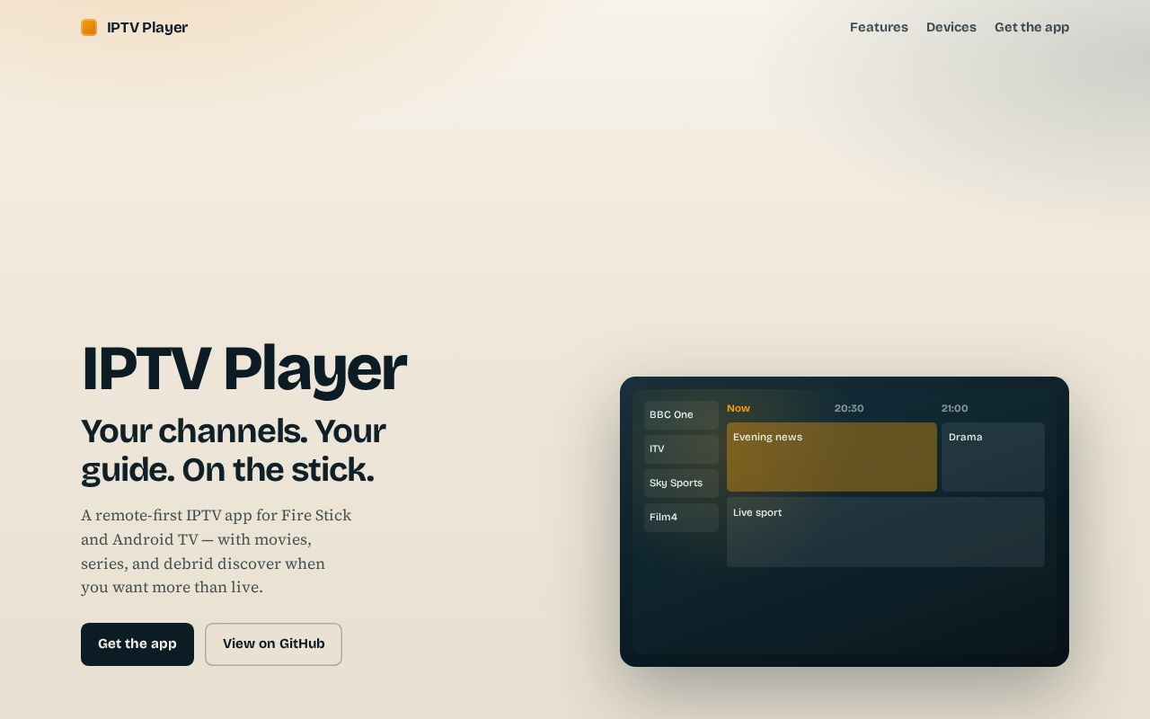 Preview of IPTV Player for Fire Stick, Android TV & PC — product site + Android source