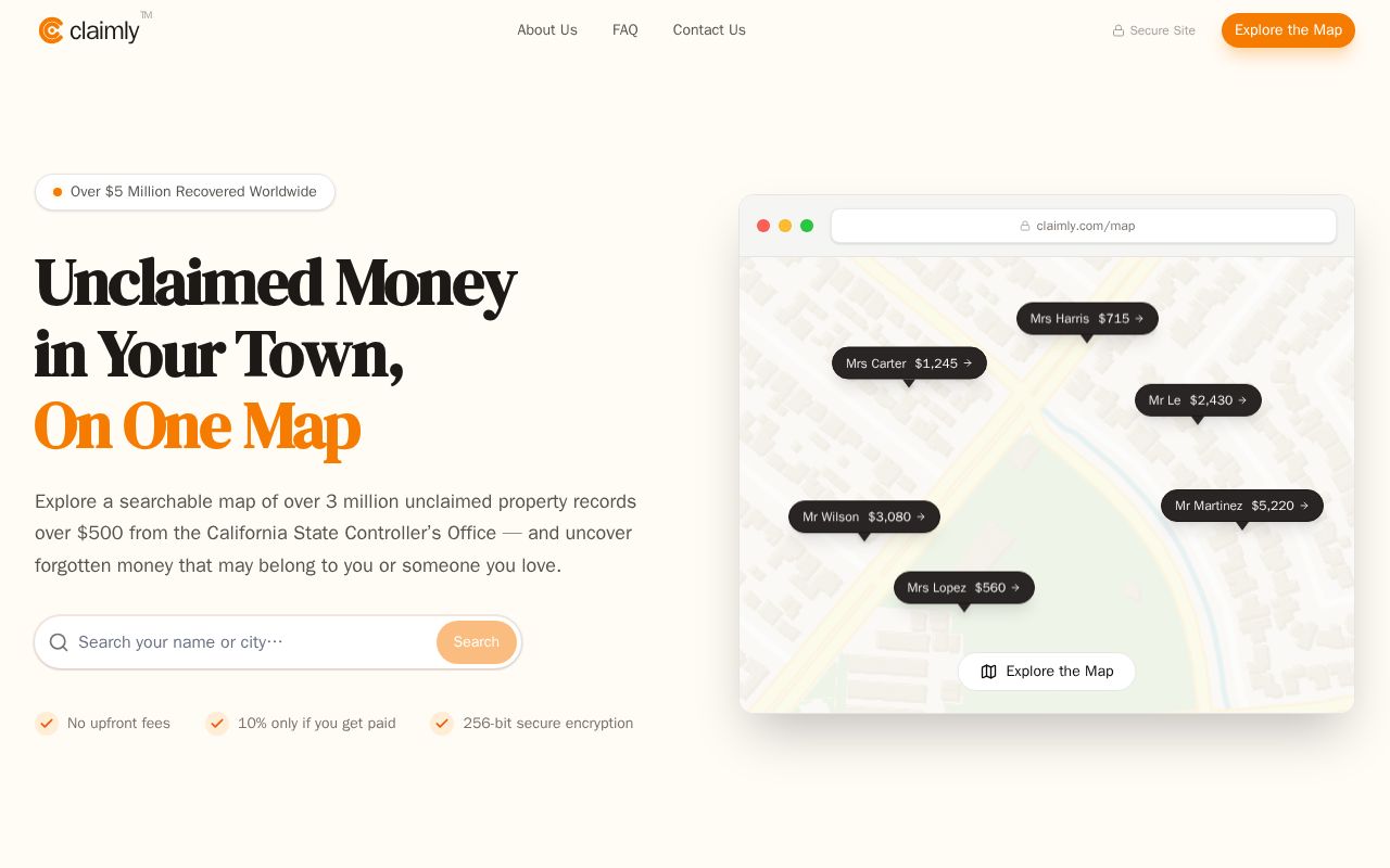 Preview of Claimly.com - Millions in Forgotten Cash. One Map to Find It