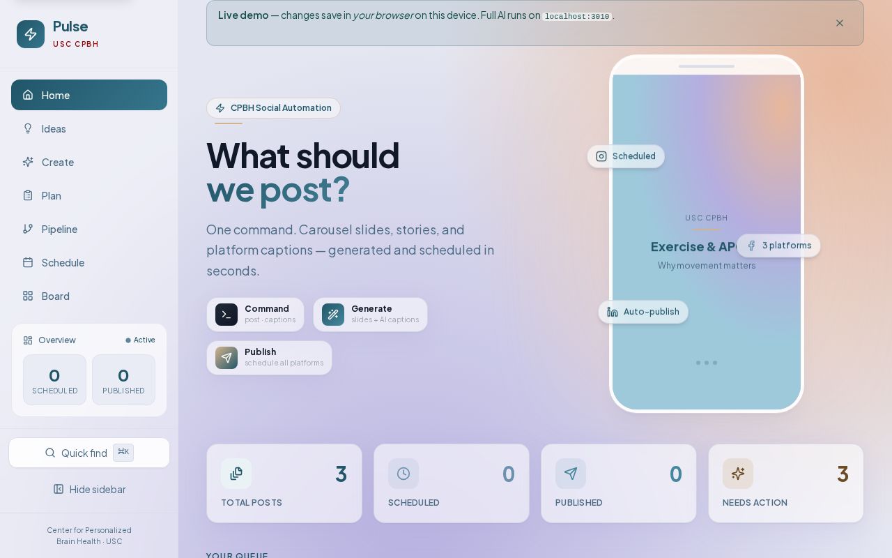 Preview of Pulse — CPBH internal social media scheduling platform