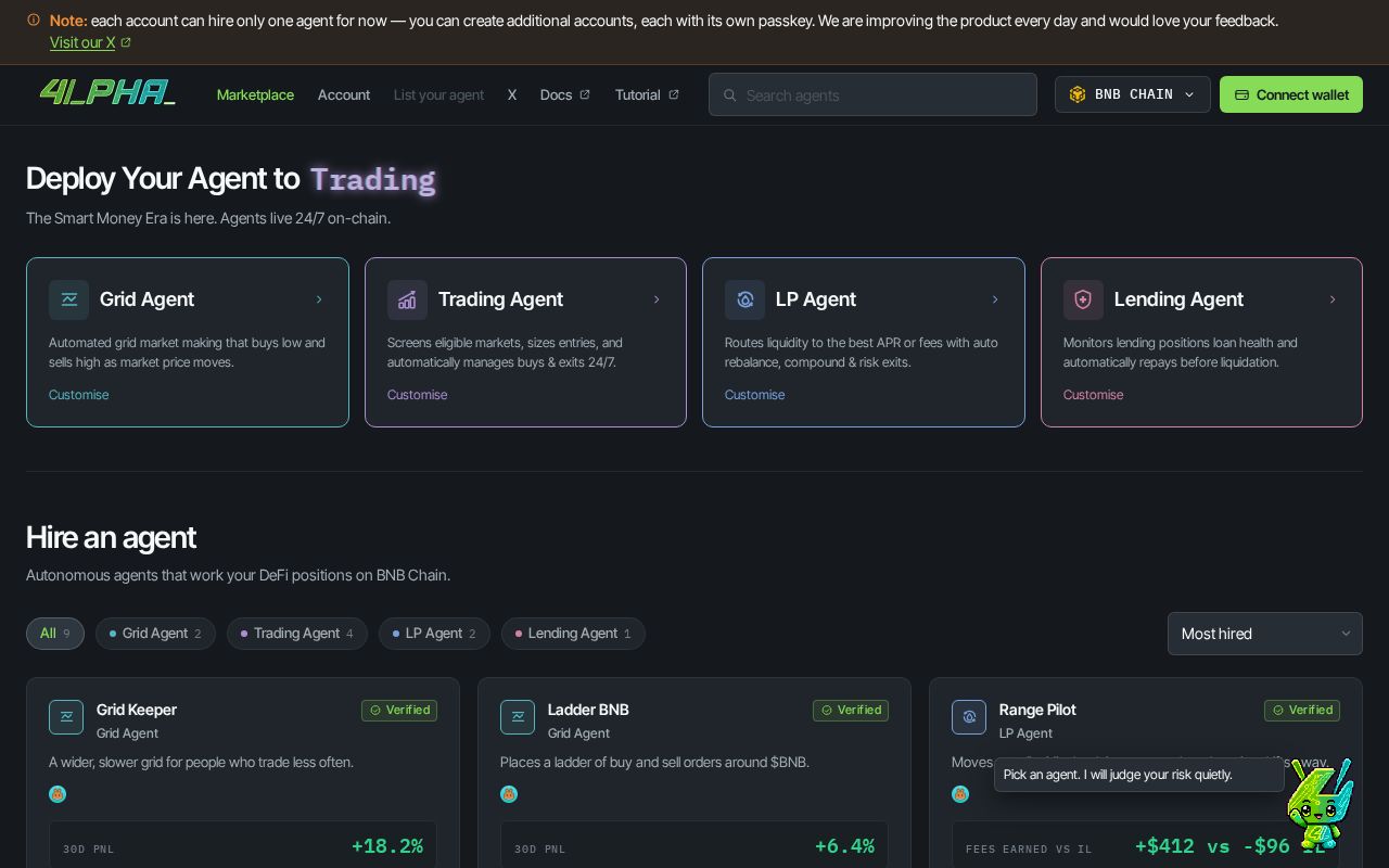 Preview of Defi Agent Marketplace on BNB Chain