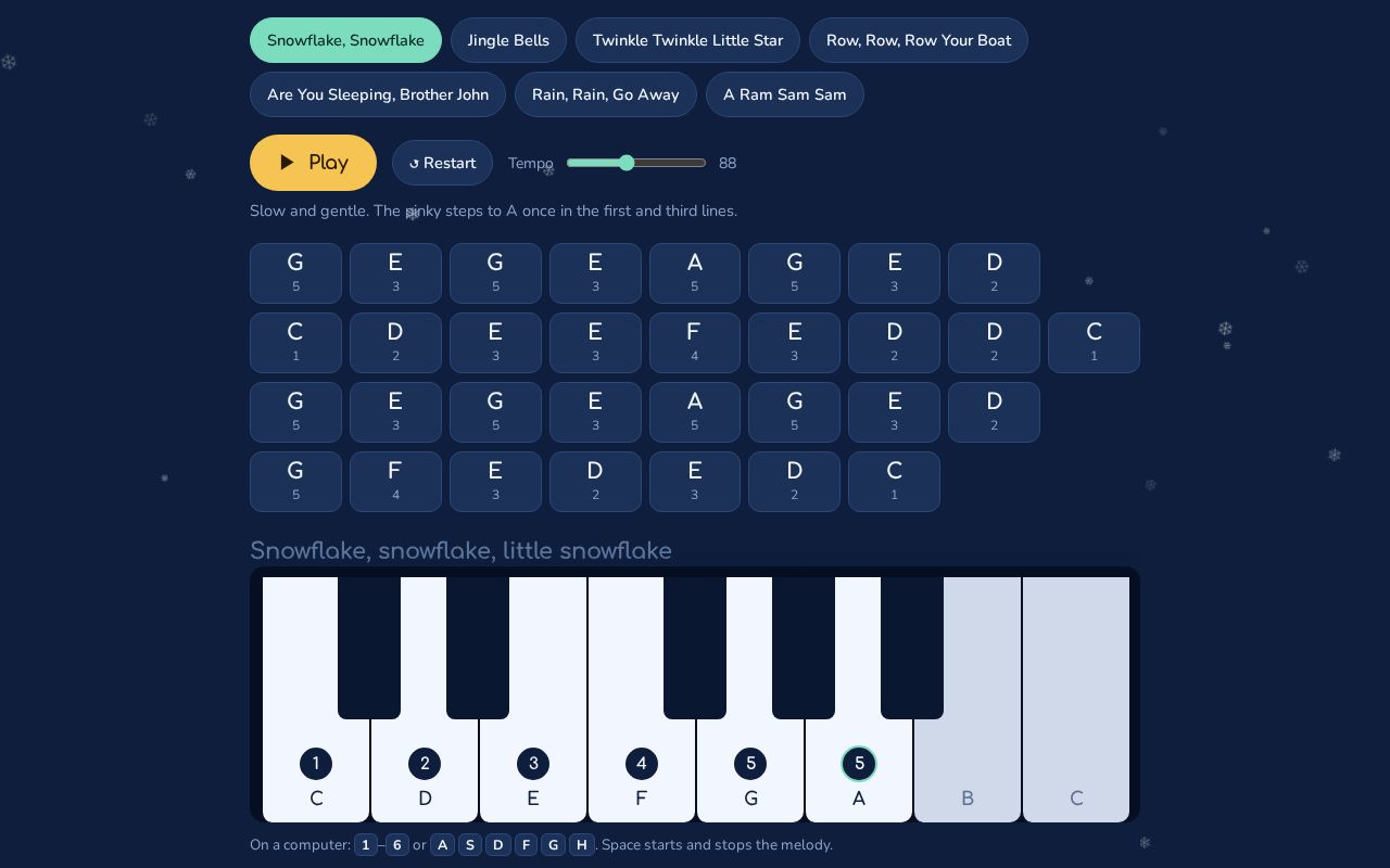 Preview of Kids piano: one-hand melodies with finger numbers, Web Audio, single HTML file