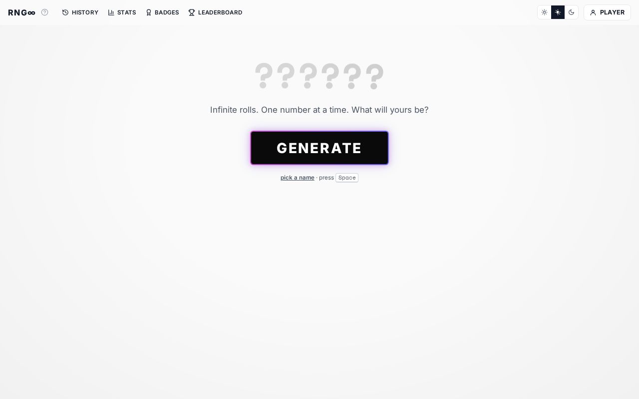 Preview of Infinite RNGdle-style number game: 233 badges, history, stats, badge collection