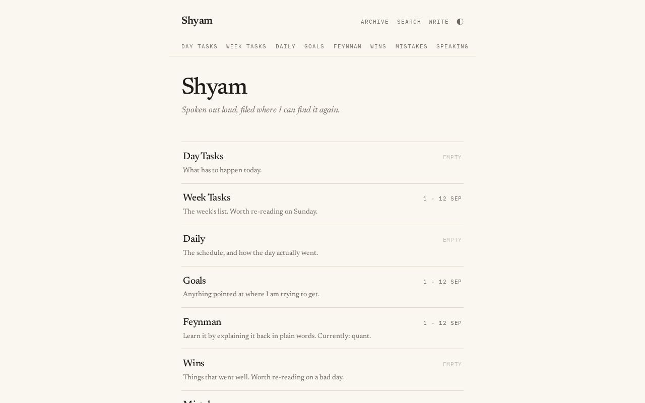 Preview of A spoken journal. Talk into the phone, it files itself into sections, live a minute later.