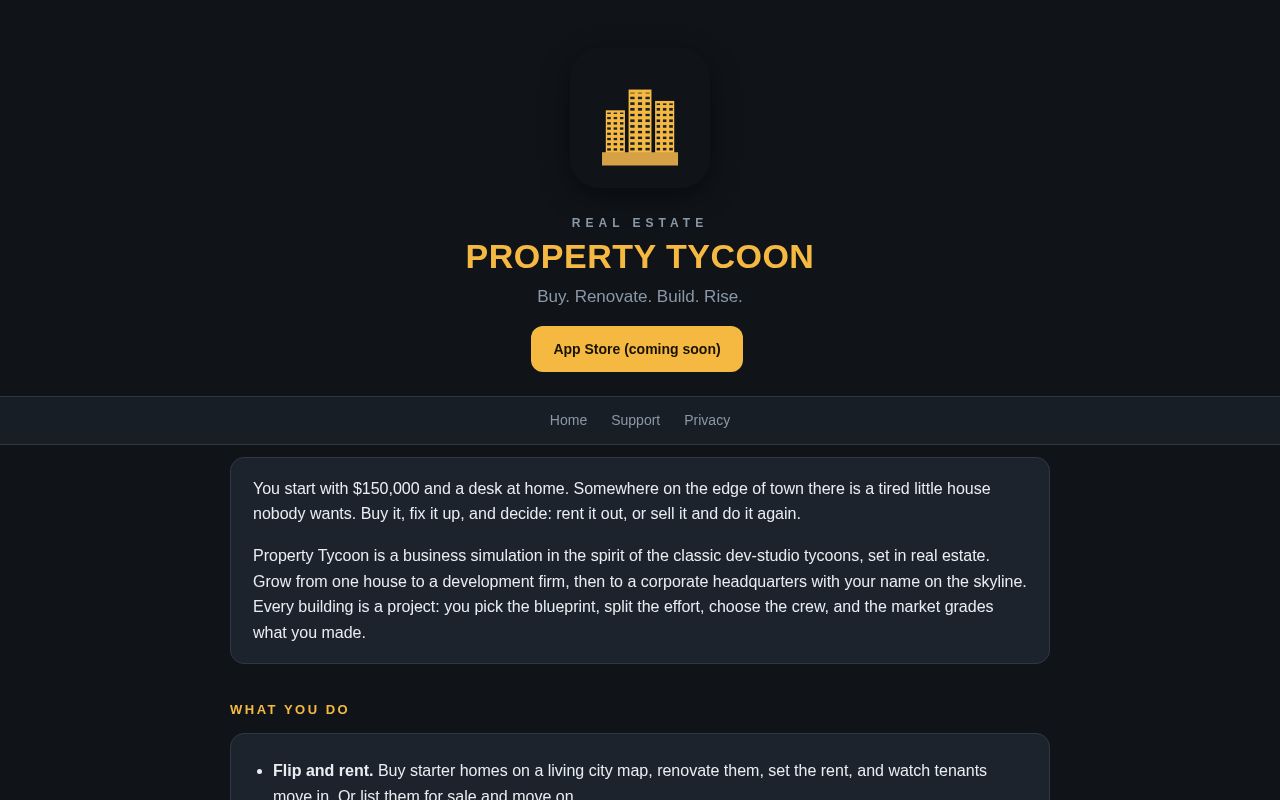 Preview of Website for Property Tycoon: support and privacy pages