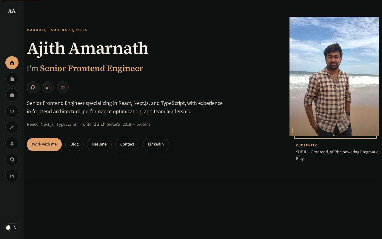 Preview of Personal site of Ajith K A — Senior Frontend Engineer. React, TypeScript, Vite.
