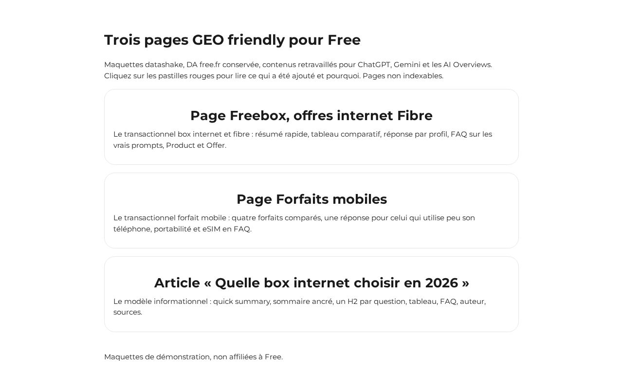 Preview of Maquettes datashake : pages GEO friendly Free (démo, non affiliée)