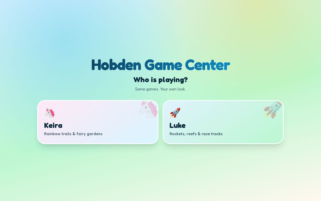 Preview of Hobden Game Center — installable PWA mini-games for Keira and Luke