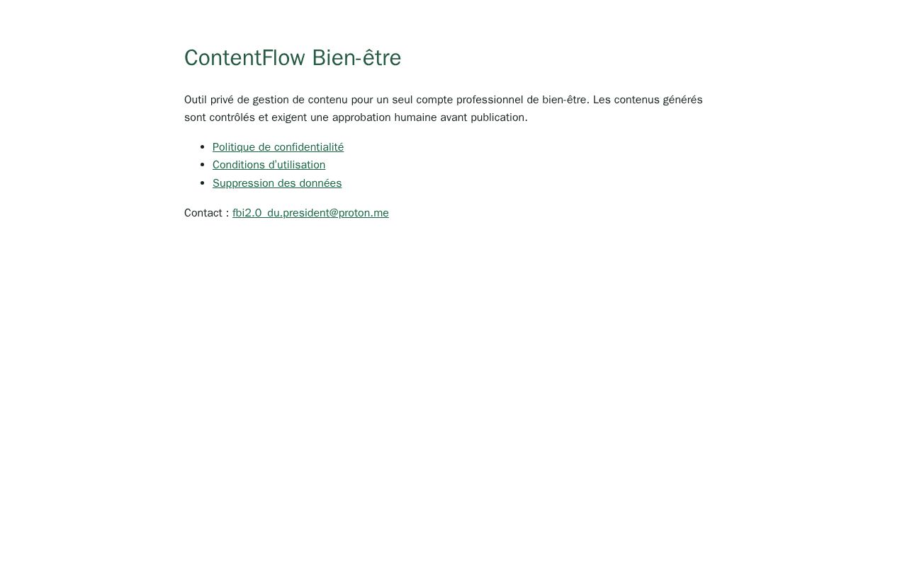 Preview of Public legal and data-deletion pages for ContentFlow Bien-être.
