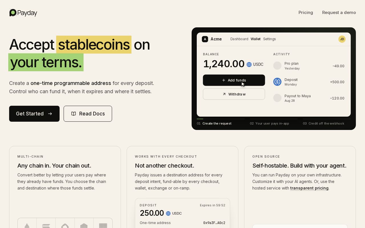 Preview of Turn stablecoin transfers into verified customer deposits, ready for your app to credit.