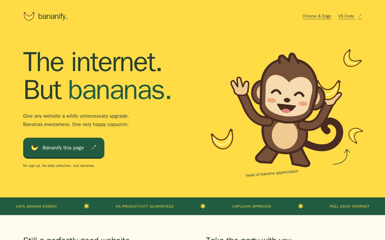 Preview of Bananify the internet: bananas everywhere and one very happy capuchin.