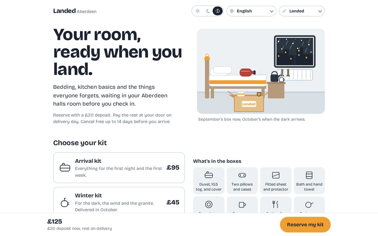 Preview of Arrival kits for Aberdeen students: pre-order page, meta-design layer, pitch deck