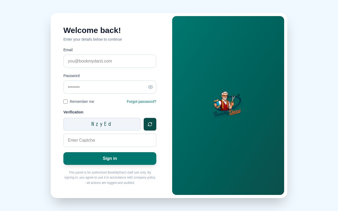 Preview of BookMyDarzi admin panel web app (React + Vite)
