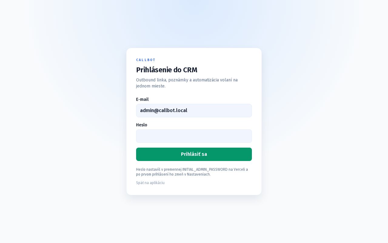 Preview of CallBot outbound CRM — telefónne čísla, hovory, kampane a automatizácia