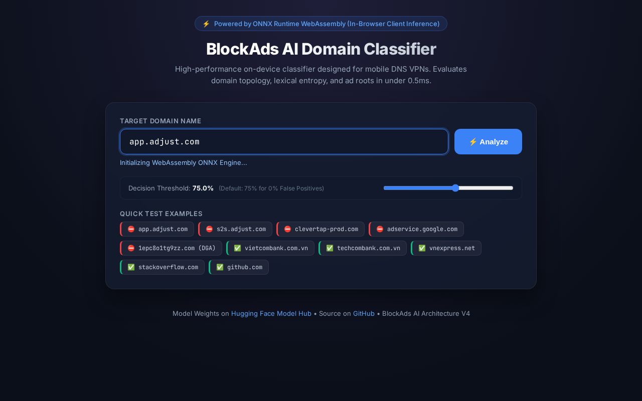 Preview of BlockAds AI Domain Classifier Demo