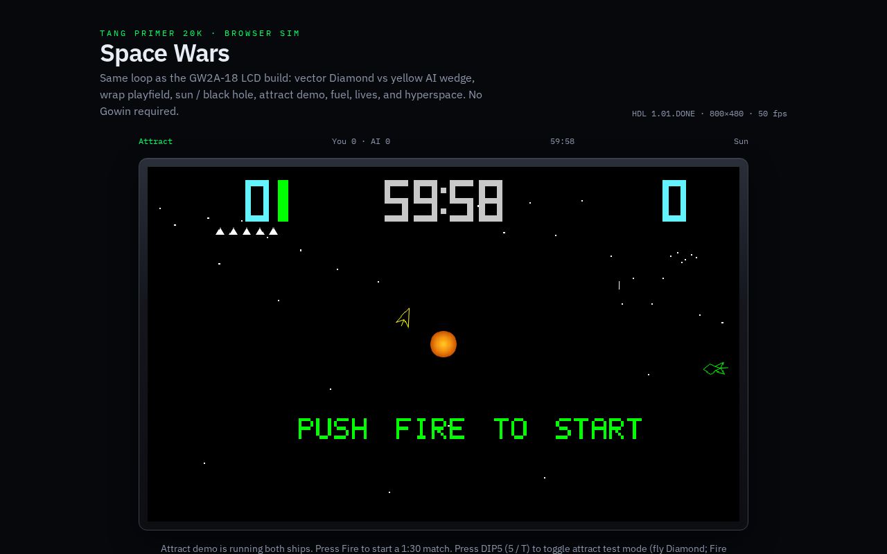 Preview of Browser sim of the Sipeed Tang Primer 20K Space Wars game