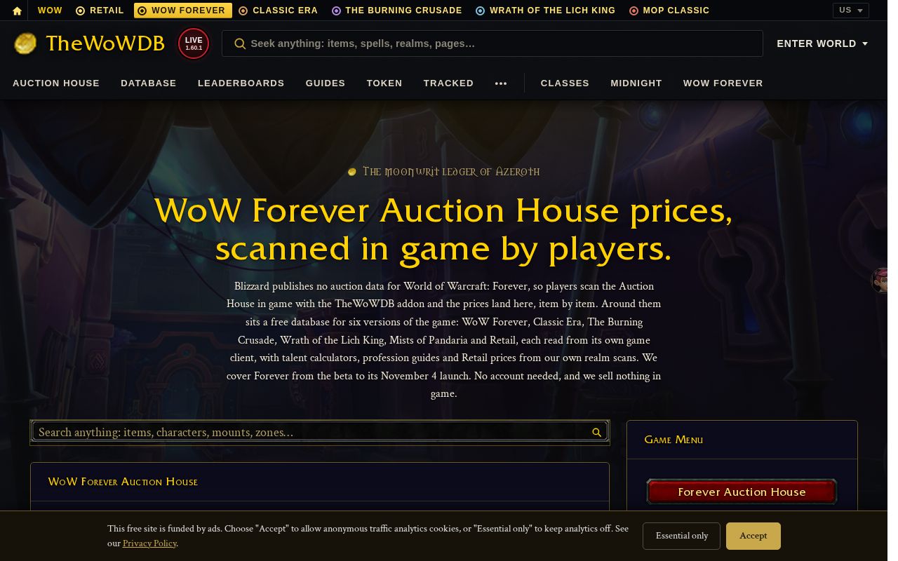 Preview of TheWoWDB | WoW Forever Auction House Prices and Database