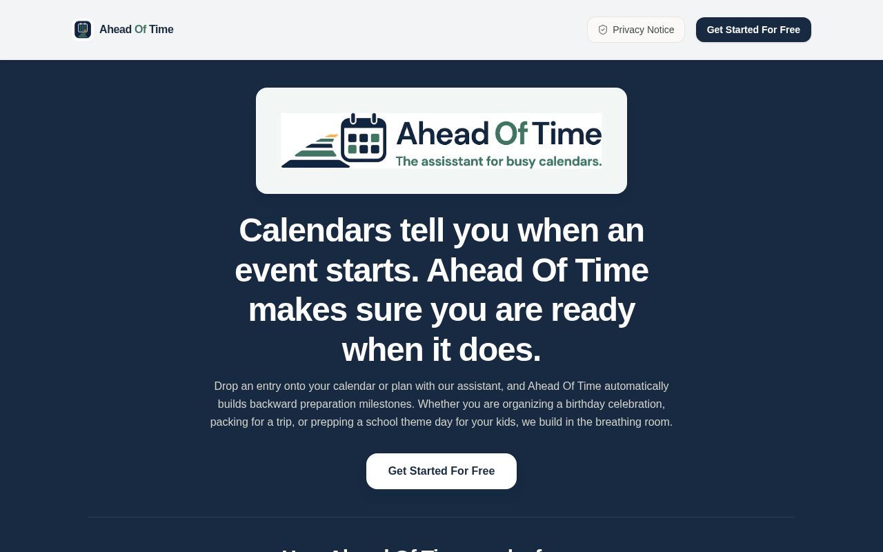 Preview of Calendars tell you when an event starts. AheadOfTime makes sure you're ready when it does.