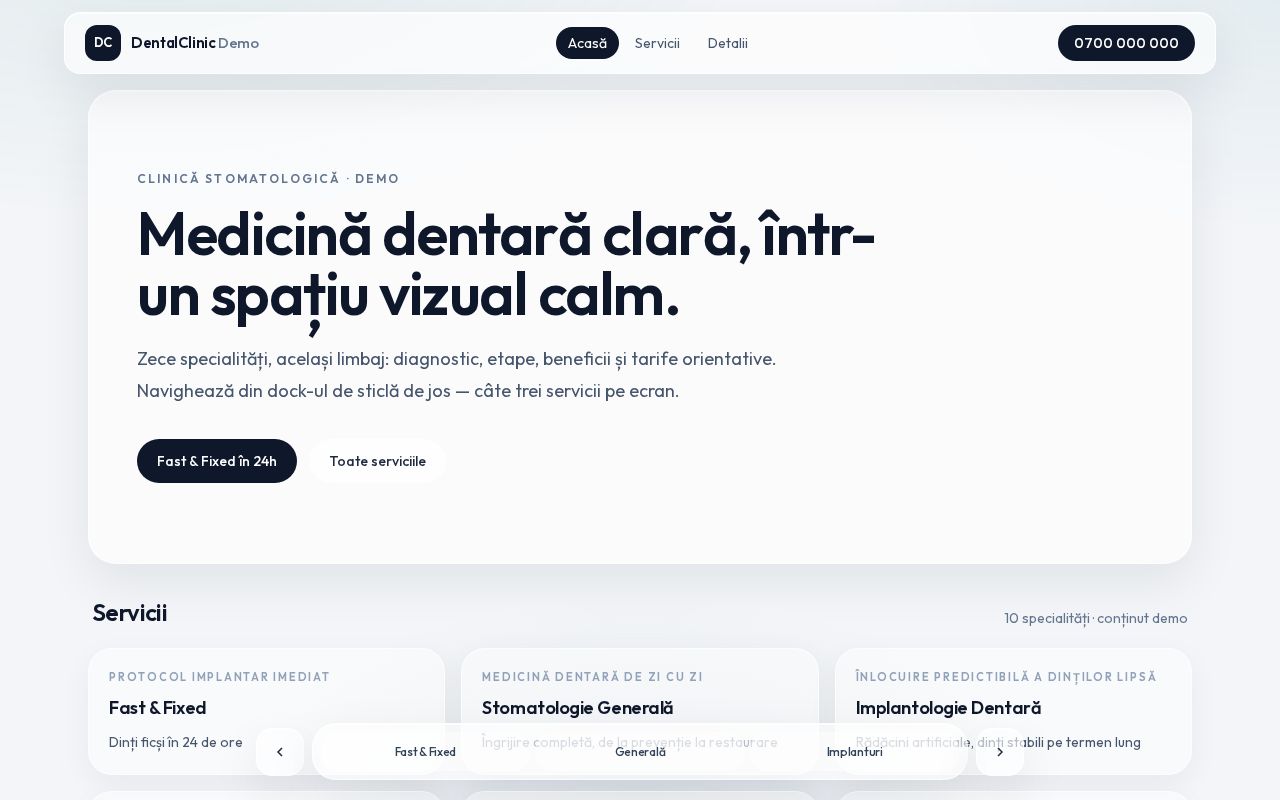 Preview of DentalClinic Demo — Next.js clinic site with 10 services and a floating glass dock