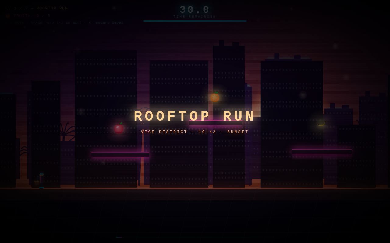 Preview of NEON VICE — Fruit Run: a self-contained neon platformer in a single HTML file