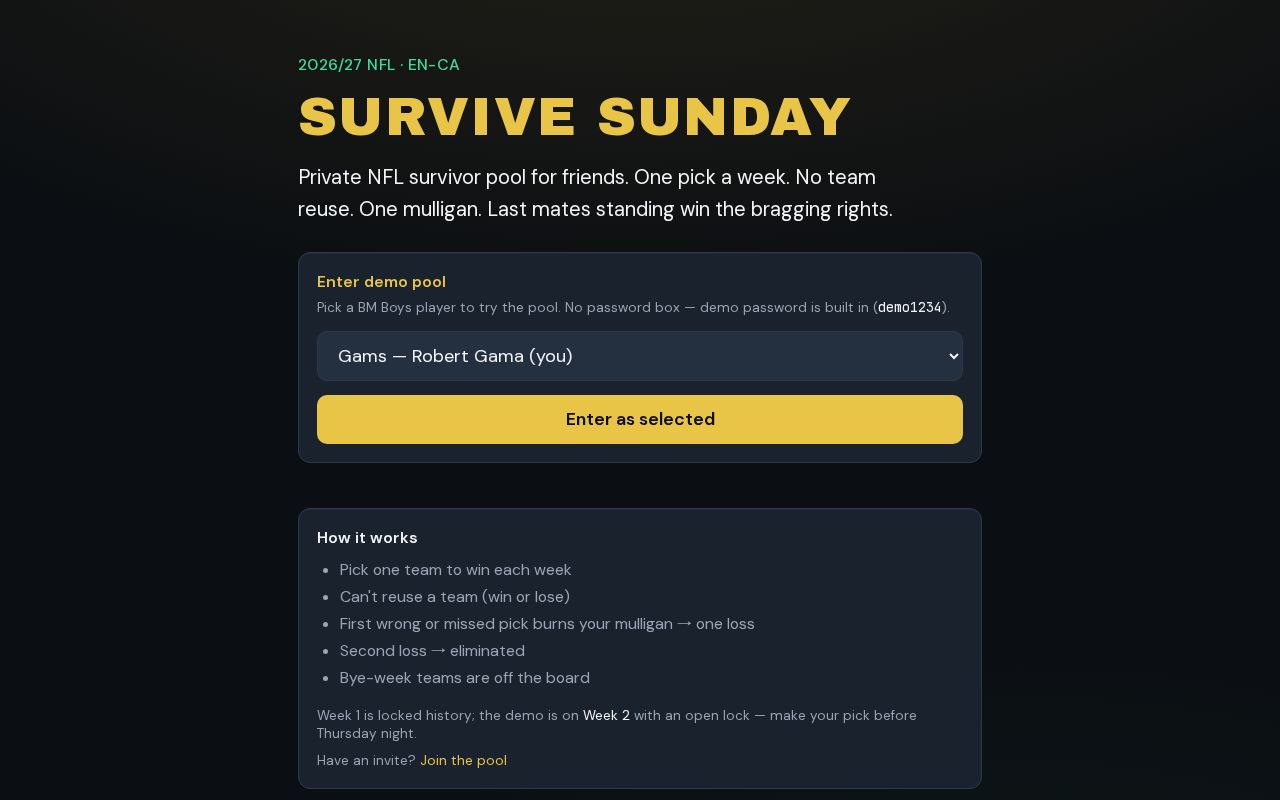 Preview of Survive Sunday — NFL survivor pool PWA for friends (2026/27)